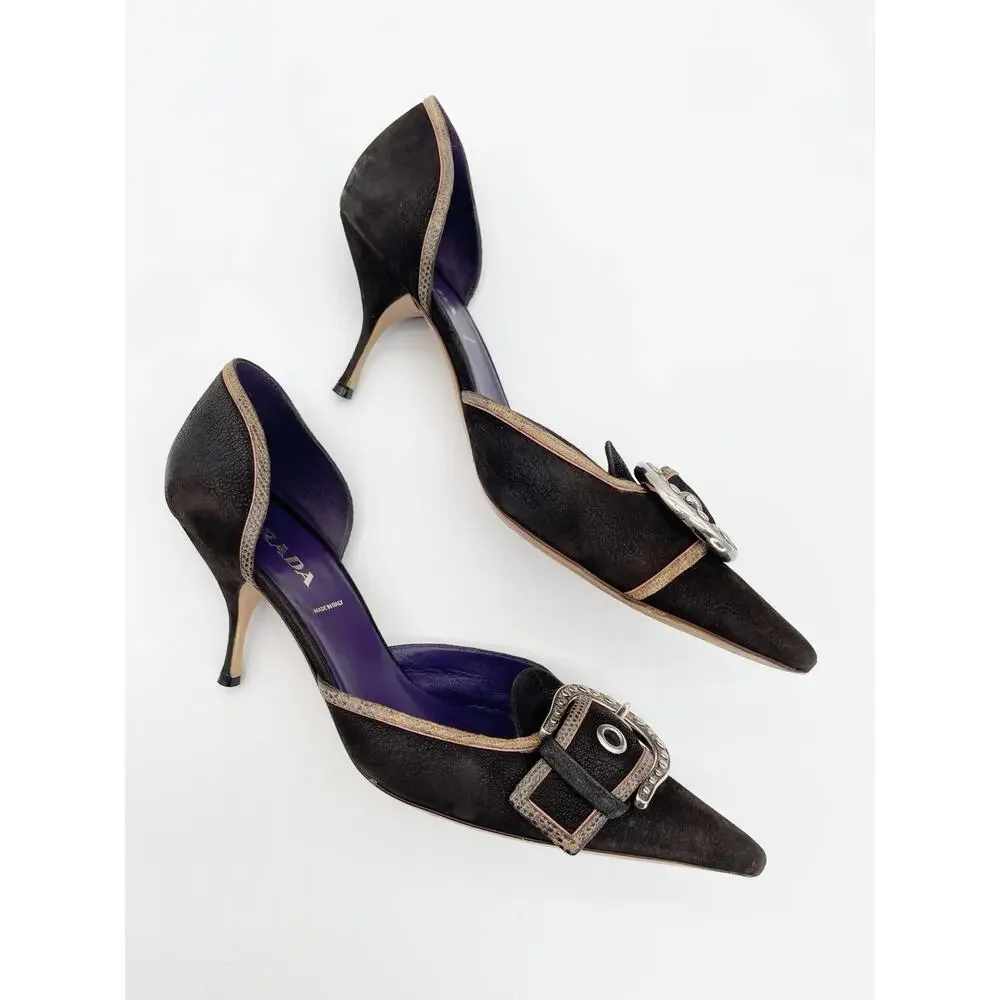 Prada Vintage Dark Brown Camel Nubuck Leather Buckle D'Orsay Pumps Heels IT 39.5